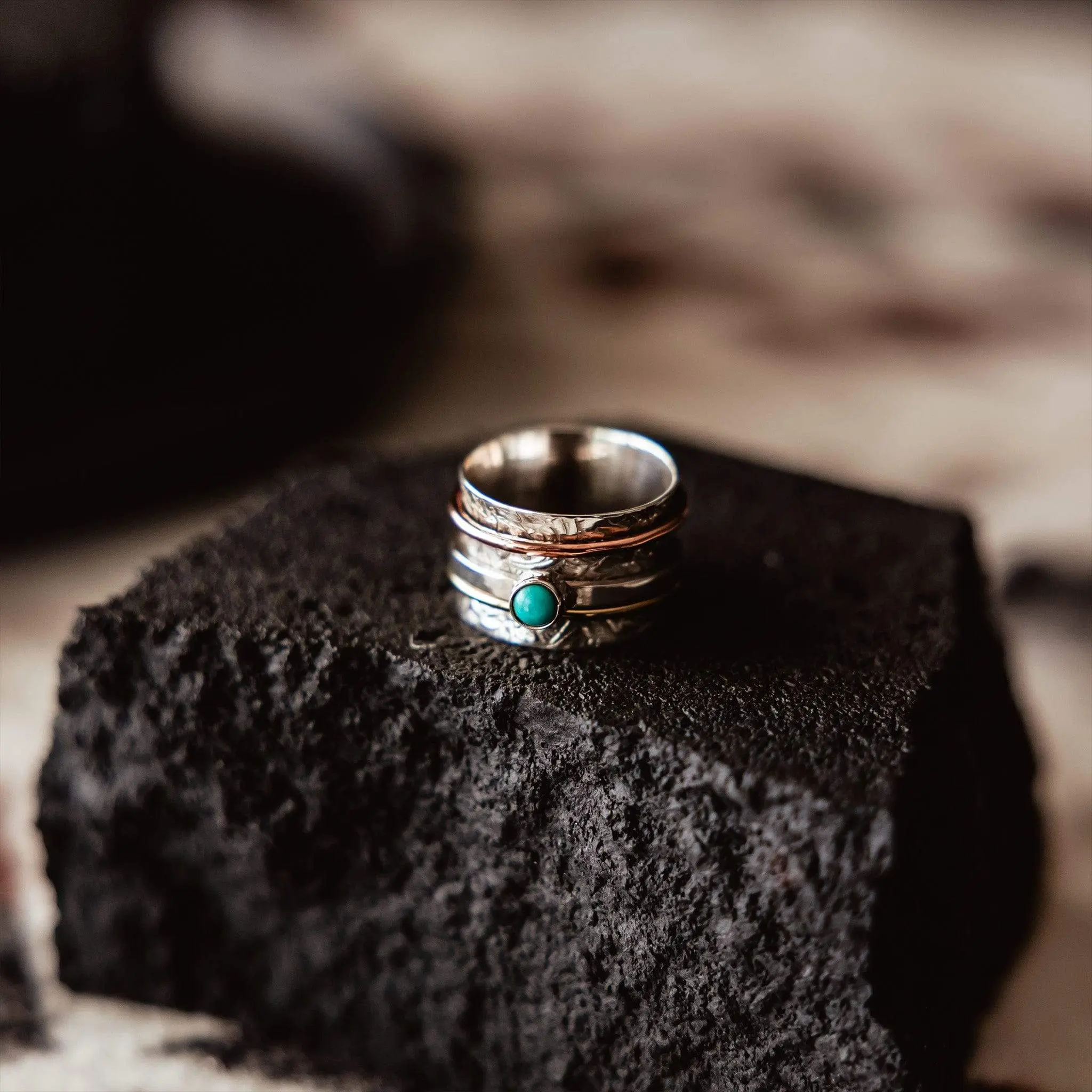 Mini Gem Turquoise Spinner Ring. Stress reliving spinner rings for fidgety hands.