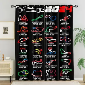 2 Panels 2024 F1 Race Tracks Calendar Print Curtains, 80%-90% Light Blocking Darkening Curtains, Motorsport Printed Curtains, Formula 1 Grand Prix Circuit Decoration Curtains for Racing Fans & Man Cave Bedroom Decor