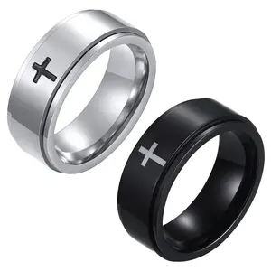 OIDEA Mens Christian Cross Spinner Ring Stainless Steel Anxiety Fidget Rotating 2-Pack Black Silver Latin Faith Statement Birthday Gift