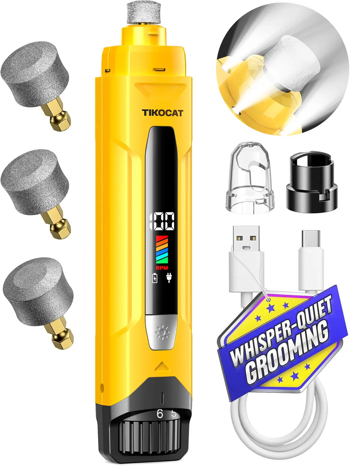 TIKOCAT Whisper-Quiet Dog Nail Grinder, 50% More Powerful 6-Speed Pet Nail Trimmer with LED Display & 4 LED Lights, 3 Grinding Bits, No Over-Cutting, Stress-Free Grooming for Dogs, Cats & All Sensitive Pets,Puppy Nail Clippers ,Kitten Nail Clipper