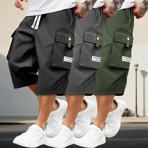 3-piece set: summer men’s cargo shorts with drawstring waist, large pockets, letter patches—fashionable casual style