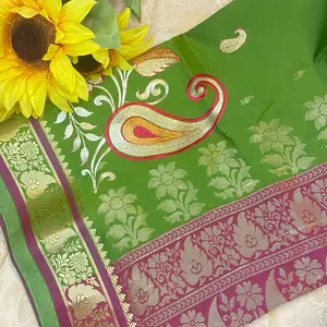 Women's Katan Saree with Short-Sleeve Stitched Blouse - Women's Special Occasion Clothes, Ideal for Mehendi Wear Costumes