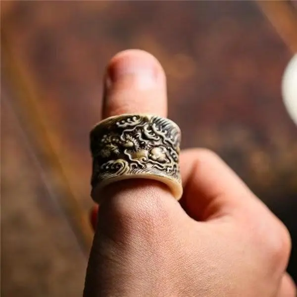 Dragon-patterned deer antler ring, hand-carved Kintsuke ring, archery thumb ring, men's collectible item