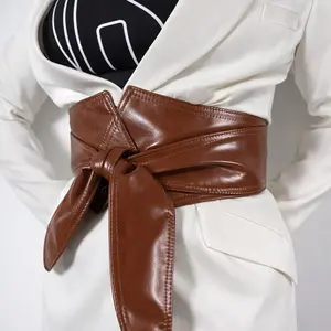 Brown Leather Wide Obi Belt