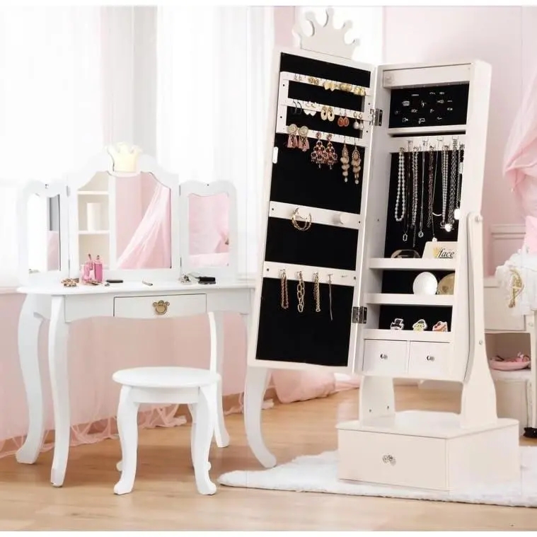 Garvee Princess Crown 46" Standing Jewelry Armoire Cabinet with 28"x8" Full-Length LED Full Body Mirror Display, Adjustable Child-Friendly Anti-Tip Build, Hooks, Slots, 3 Drawers, Storage Compartments (3+ Up, White) - Home Organizer, Girl