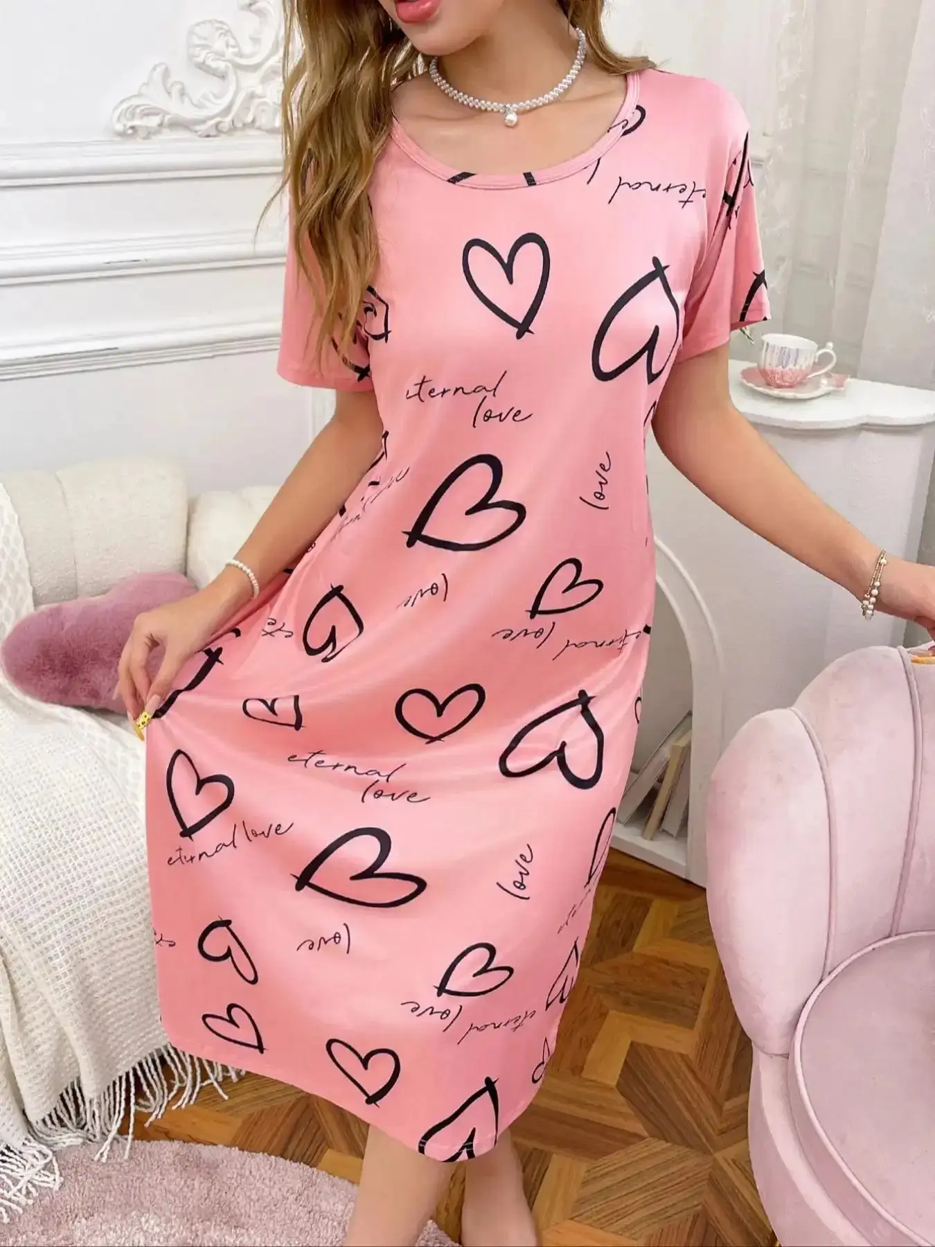 Fashion Heart and Letter Print Sleepwear Dress Womenswear Comfortable Stylish Everyday Homeewear Loungewear Suitable for Work Casual Wear Spring Fall Season Seasonal seasonal musthave wardrobe essential