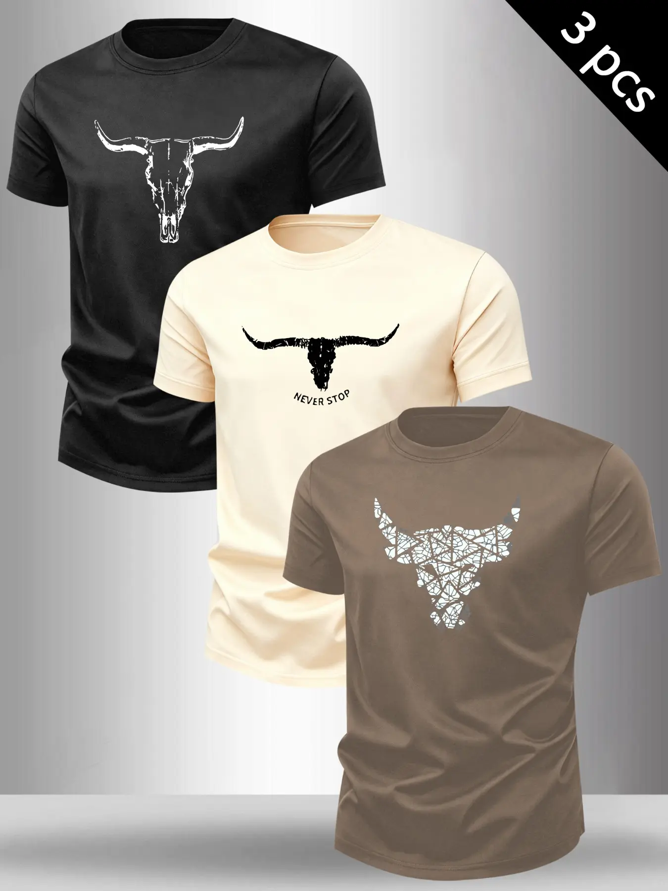 Men's Bull Head Print Graphic Round Neck Short Sleeve Fitted T-Shirt, Casual Comfortable Classic Fashion Streetwear Top, 3 Pack Set, Daily Wear, Menswear