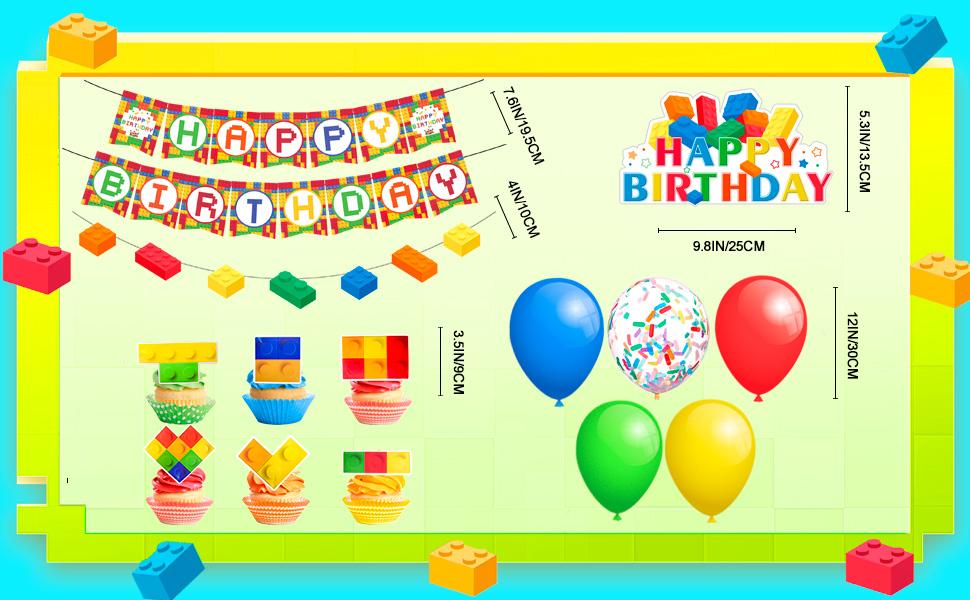 Block Party Decorations,53 Pcs Building Blocks Birthday Decorations Set - Building Block Birthday Balloons,Building Block Banner Cake Topper etc Colorful Building Block Birthday Party Supplies