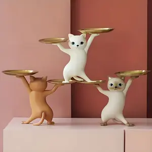 Cat Design Serving Tray Statue, Cute Animal Design, Cute Collectible Figurines, Decorative Ornaments, Desktop Storage Ornament, Home Decor for Living Room, Bedroom and Office, Decorative Sculpture, Resin Animal Sculptures