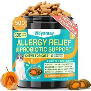 Cat Allergy Relief for Cats with Probiotics, 500 Crunchy Cat Probiotic & Allergy Chews, Allergy Treats to Stop Itching & Scratching, Support Cats Gut Health, Chicken Flavor