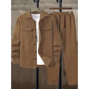 Corduroy Casual Suit – Solid Color Corduroy Suit Set for Men (Long-Sleeve Shirt & Pants), Men’s Casual Wear