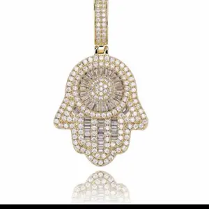 Brass Mico Pave Cz Fatima Hamsa Hand Pendant Ice Out 4mm 24 inch Miami Cuban Luxury Good Luck Necklace for Women