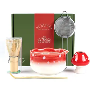Cute Matcha Set With Mushroom Design Bowl And Whisk Holder, Unique Japanese Matcha Kit Gifts For Women Girls Friends Tea Lovers, Red