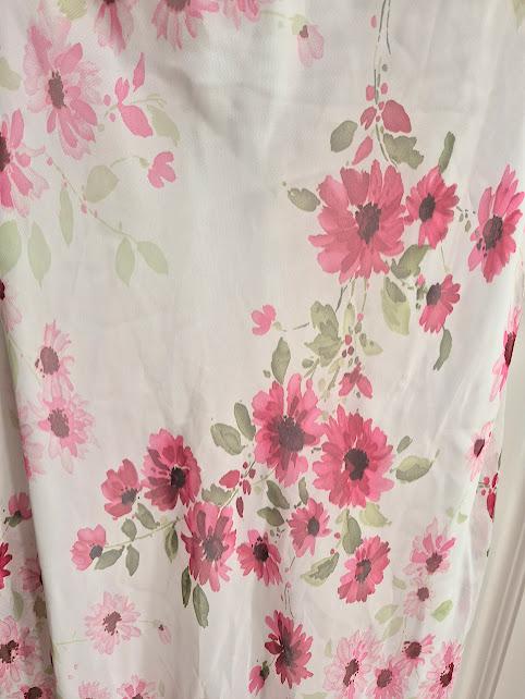 New York & Co Vintage White & Pink Floral Midi Dress with Flutter Sleeves Ruffle Hem Size 6 Sheer Fabric Fully Lined for Special Occasions