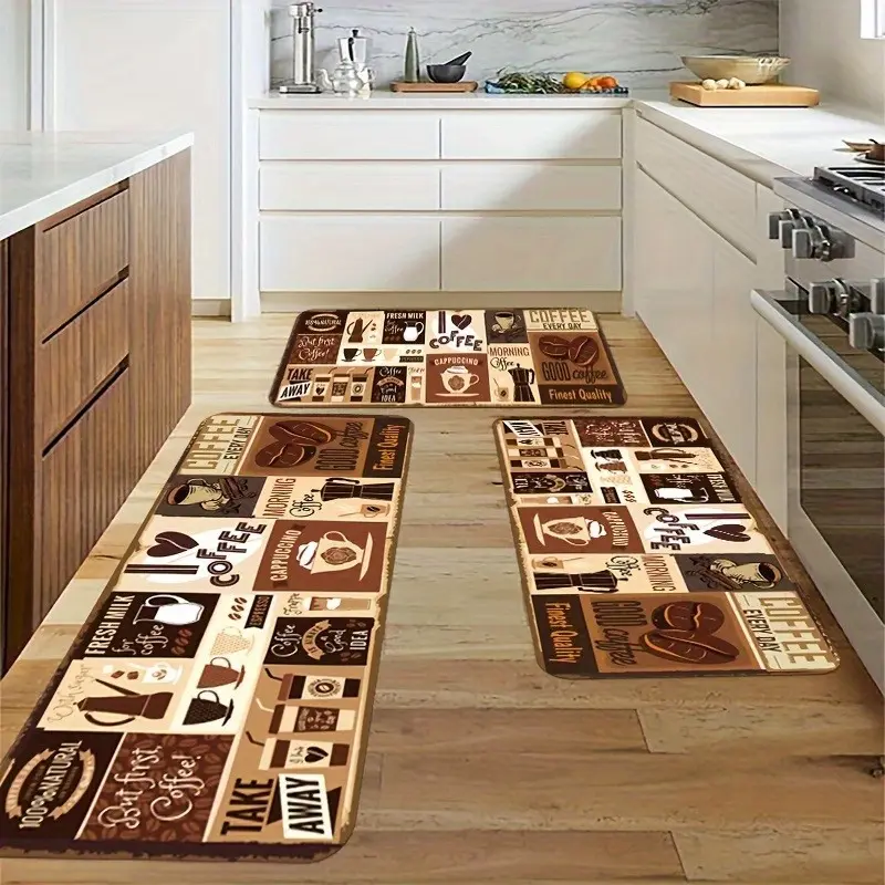 2/3pcs, Coffee-Themed Kitchen Mat Set - Machine Washable, Fiber, Suitable for Kitchen, Guest/Floor, Entrance And Home Decor
