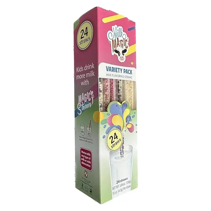 Make milk magical with Milk Magic milk flavoring Straws! Fun flavor beads dissolve as you sip, turning plain milk into a tasty treat. Perfect for kids, picky eaters, lunchboxes, snacks, and party favors. Flavors like chocolate, strawberry, vanilla & more!