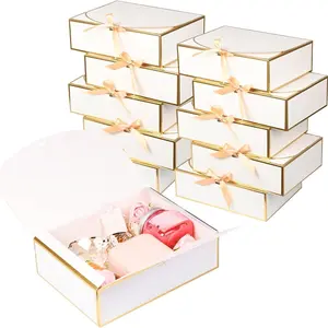 Elegant Gold Trim Gift Boxes Set, 12 Boxes with 12 Ribbons, Ties, Perfect for Weddings, Birthdays, Special Occasions