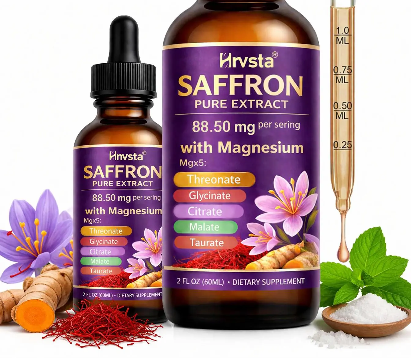 Saffron Drops Edible Healthcare Dietary Supplement - 88.5mg Vitamin, 5-Magnesium Blend for Mood, Brain Health Support - Vegan, Non-GMO, Energy & Focus Boost