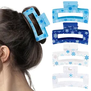4Pcs Snowflake Hair Claw Clips for Women Girl - Winter Snow Blue White Rectangle Nonslip Banana Hair Clips, Thin Thick Short Long Curly Accessories, Christmas Holiday Party Gift