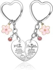 Mom Gifts from Daughter 2 Pcs Pink Flower Rhinestone Charm Mother&Daughter Heart Matching Keychain for Mother’s Day Birthday Gifts