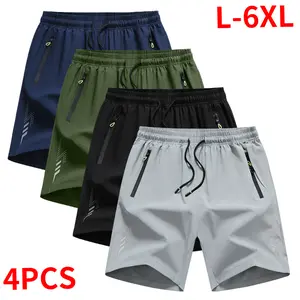 Pack of 4 men’s plus-size athletic shorts, loose fit, comfortable sports fabric, zippered pockets, solid color, slight stretch—ideal for night running, casual wear, beach trips, everyday commuting, and plus-size workwear.