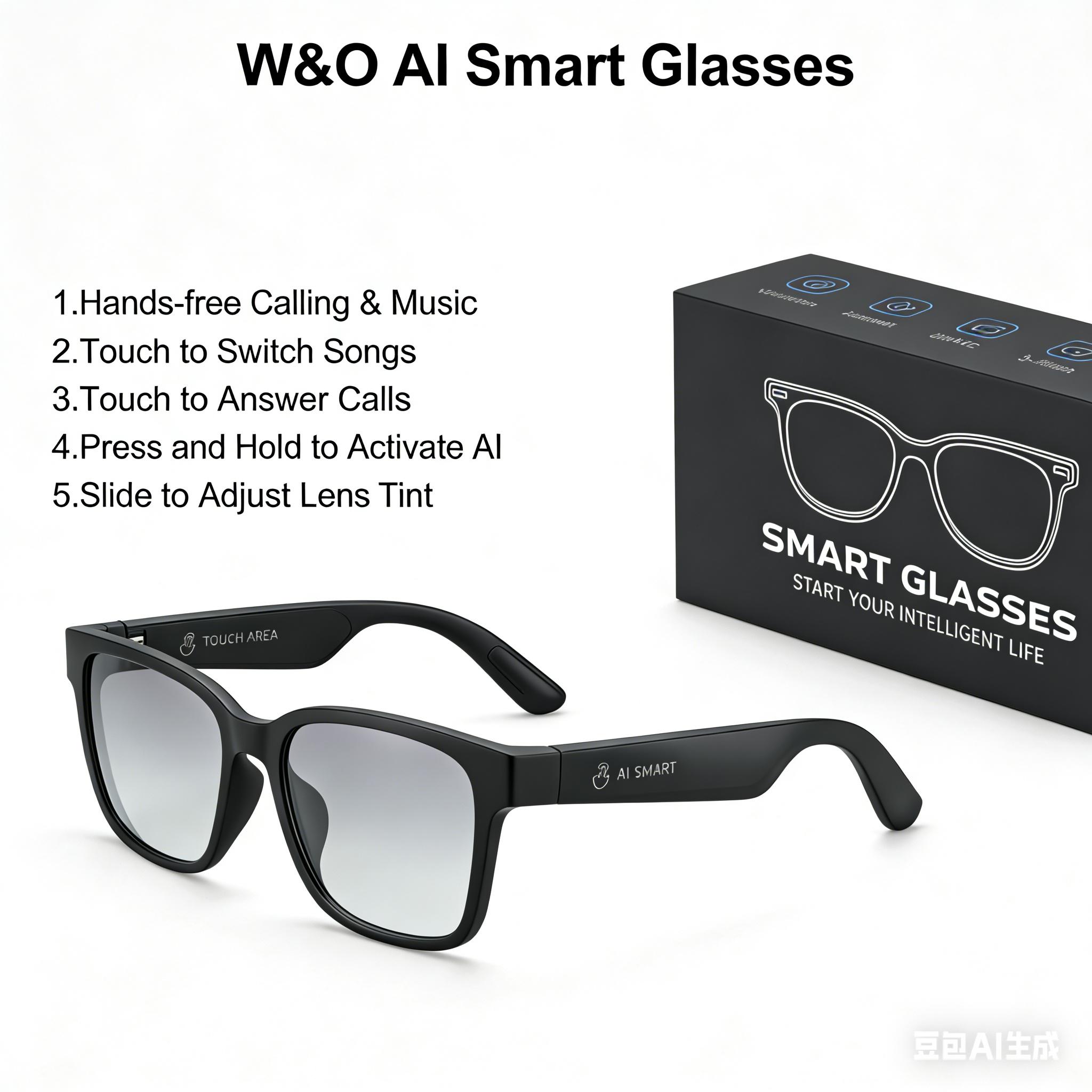 W&O 2026 Artificial Intelligence Smart Glasses, Voice Assistant - Bluetooth Sunglasses, featuring noise reduction calls, music playback, touch control, ability to control tinted lenses, UV and blue light protection functions - Black Version