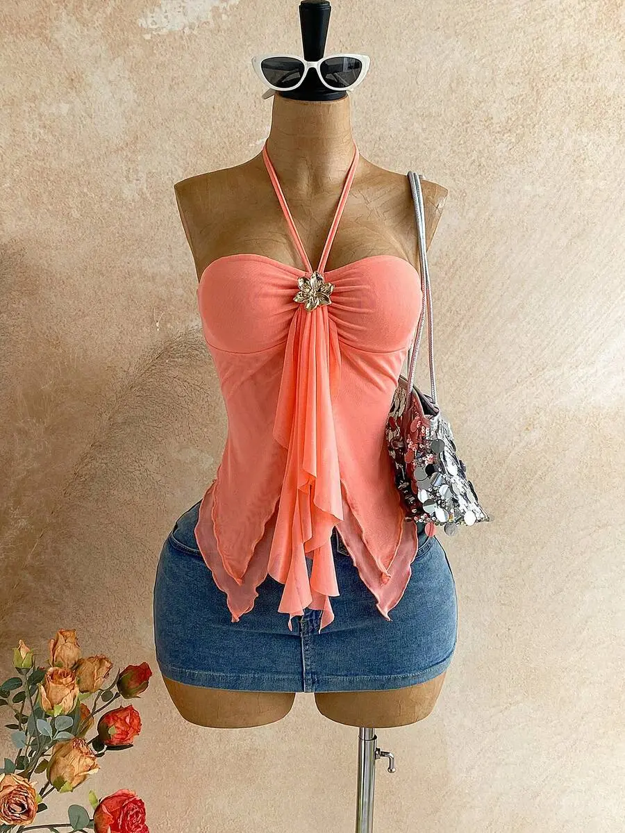 Women's Asymmetrical Hem Seashell Decor Halter Neck Tank Top, Suitable for Beach Vacation, Summer,Summer Pink Sleeveless Casual,No Breast Pads