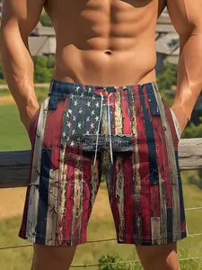 Men's Hawaiian Shorts with American Flag Pattern, Fitted Casual Beach Pants, All over Print, Drawstring, Summer Fashion