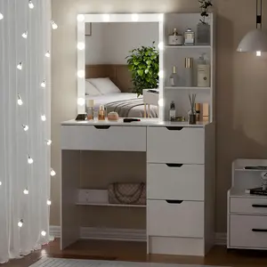 Vanity Dressing Table Mirror with 10 LED Lighting Makeup Desk 4 Drawers White Modern MDF Construction Large Table Top Storage Organizer for Bedroom Living Room Compact Vanity Desk