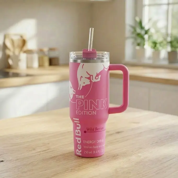 Energy Drink Inspired 40oz Tumbler, Pink Edition Travel Mug, Insulated Stainless Steel Cup with Handle & Straw, Leakproof Beverage Tumbler, Energy Drink Lover Gift