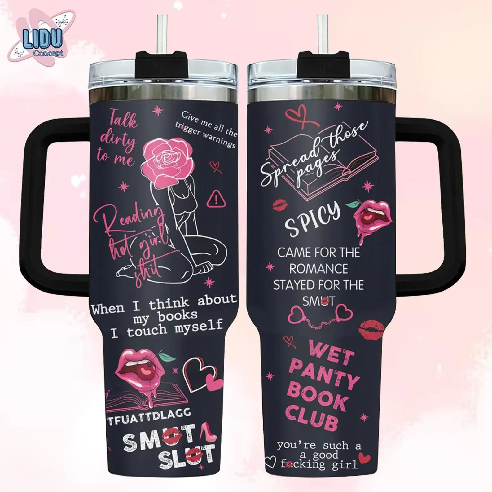 Spicy Romance Book Club 40oz Insulated Tumbler With Handle & Straw, Wet Panty Book Club Stainless Steel Travel Mug, Dark Romance Reader Fan Graphic Cup Gift For Her, Smut Slut Booktok Aesthetic Coffee Mug, Talk Dirty To Me Novel Lover Gift
