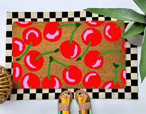 Cherry coir doormat, colorful boho decor for your front porch entry, unique and custom welcome mat for your home