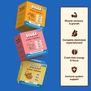 Sousa Variety Bundle Protein + Hydration Powder Mix, 42 Packets (3 Boxes), 20g Whey Protein + 1500mg Electrolytes, Try All 3 Flavors (Vanilla, Strawberry Milkshake, Salted Caramel), 42 Count, Protein Fitness Supplement for Muscle Recovery & Daily Wellness