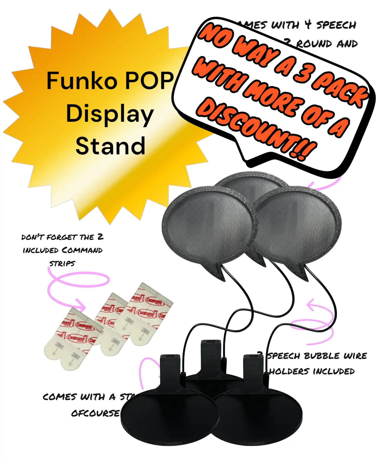 Speech Bubble Displays for Funko POPS - Set of 3 Stands with 12 Speech Bubbles, Command Strips and Posable Wires