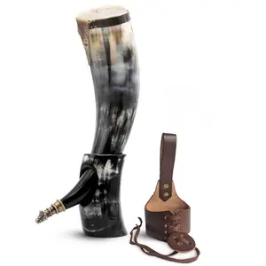 Viking Drinking Horn with Fitted Stand & Genuine Leather Belt Holster - Multiple Sizes Options