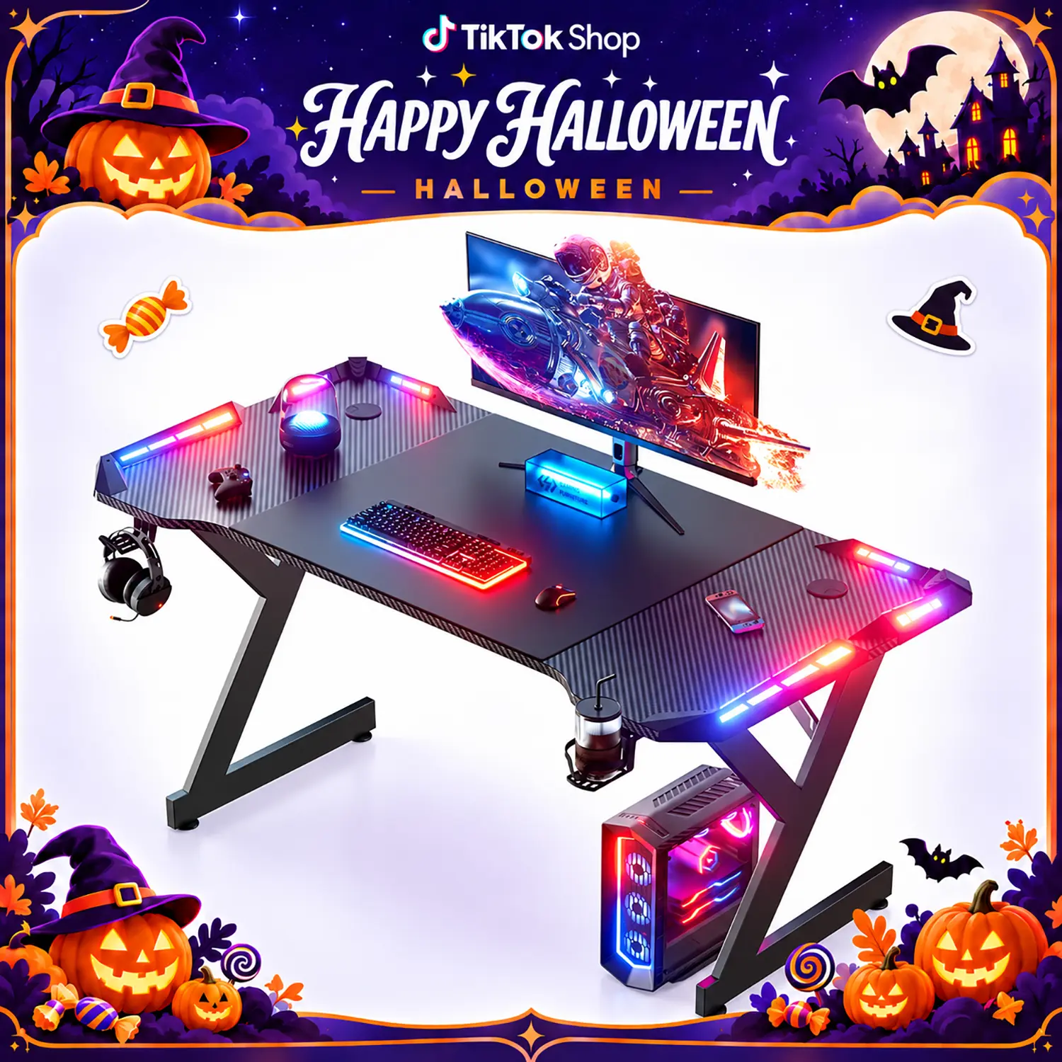 Ecofurnix Sturdy Y-Shape RGB Gaming Desk - 47/55/63 in Carbon Steel Carbon Fibre Rectangle, LED Gaming Desk for Esports Man Cave, Apartment/Office Furniture with RGB Lighting, Headphone Hook, Easy Assembly Dark Mecha Style