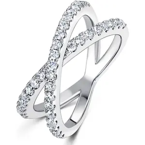 GEMSME Rhodium Cubic Zirconia Band Cross X Ring for Women Engagement Wedding R7989-W