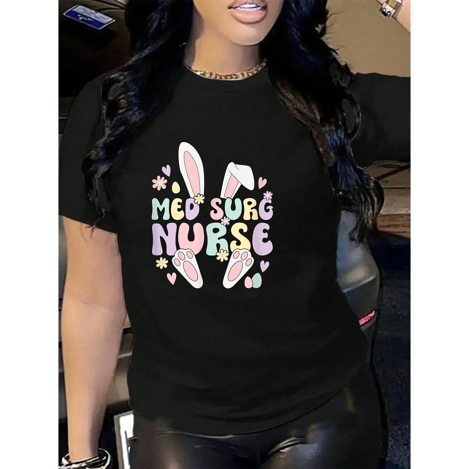 100% Cotton Med Surg Nurse Easter Bunny Med Surg Nurses Easter Day T-Shirt Men's Women's Soft Breathable Tee Classic Fashion Summer Tops Printing Short Sleeve T-Shirt Summer, Cotton, Casual, Short Sleeve, Graphic Tee, Soft, Breathable, Loose Fit, Streetwe