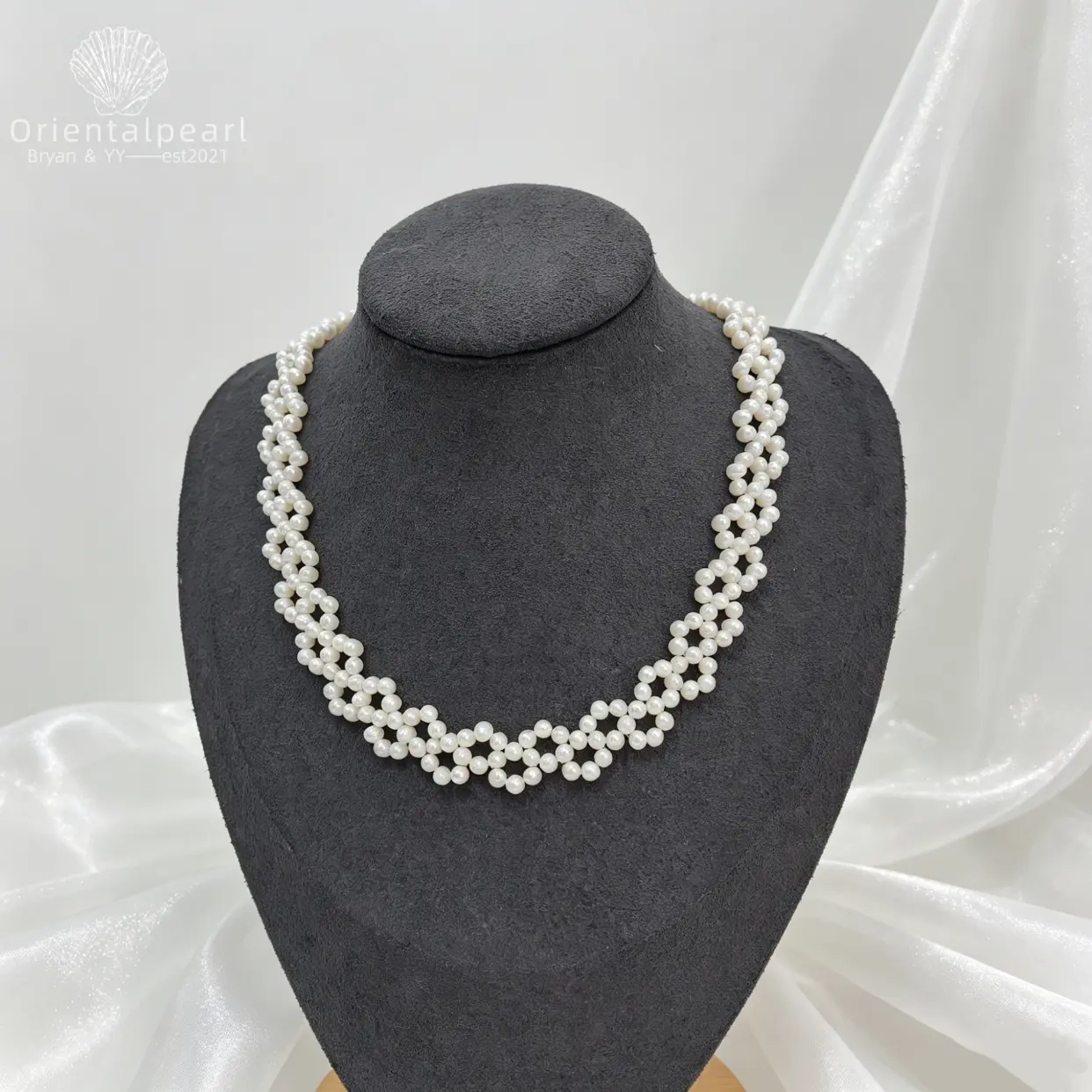 NC110-Lace Weave-High Luster Freshwater Pearl Necklace,Intricate Woven Multi-Strand Design,Soft Draped Collar Design,Chic Statement Layering Piece
