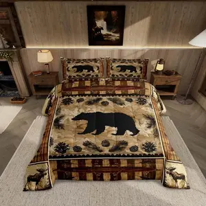 Black Bear Comforter Set Western Rustic Cabin Decor Bedding Tribal Forest Animals Comforter Elk Wildlife Hunting Down Bear Deer Patchwork Quilt Set Nordic Bedroom Decor