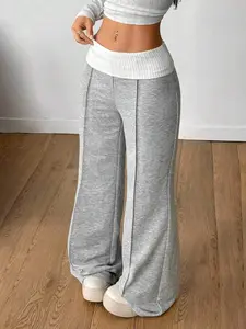 Coolane Women's Winter Streetwear Going Out Casual Back To School Vintage Daily Wear Y2K Rib Knit White Turn-Down Trousers French Grey Flare Pants