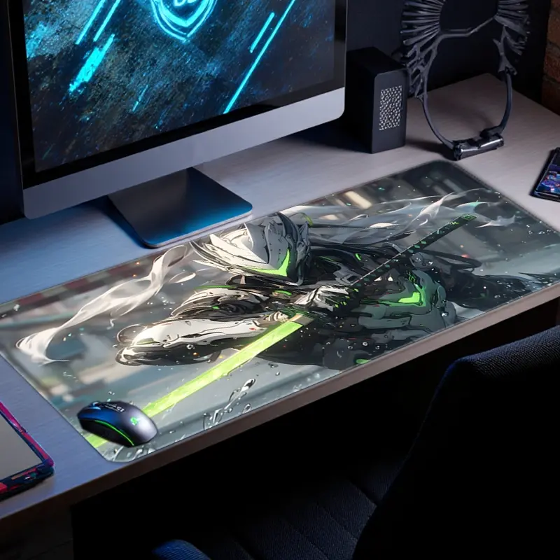 Cyberpunk Anime Genji Mouse Pad Large Gaming Mouse Pad Green Mousepad HD Print Non Slip Rubber Base Big Size XXL Extended Keyboard Pad Office Desk Accessories