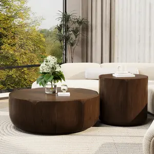 Round Outdoor Indoor Coffee Table Set, Modern Wood Grain Drum Center Table Set, Sturdy MGO (Magnesium Oxide) Waterproof, No-Assembly Table for Patio, Garden, Backyard, Living Room,Brown(Set of 2)