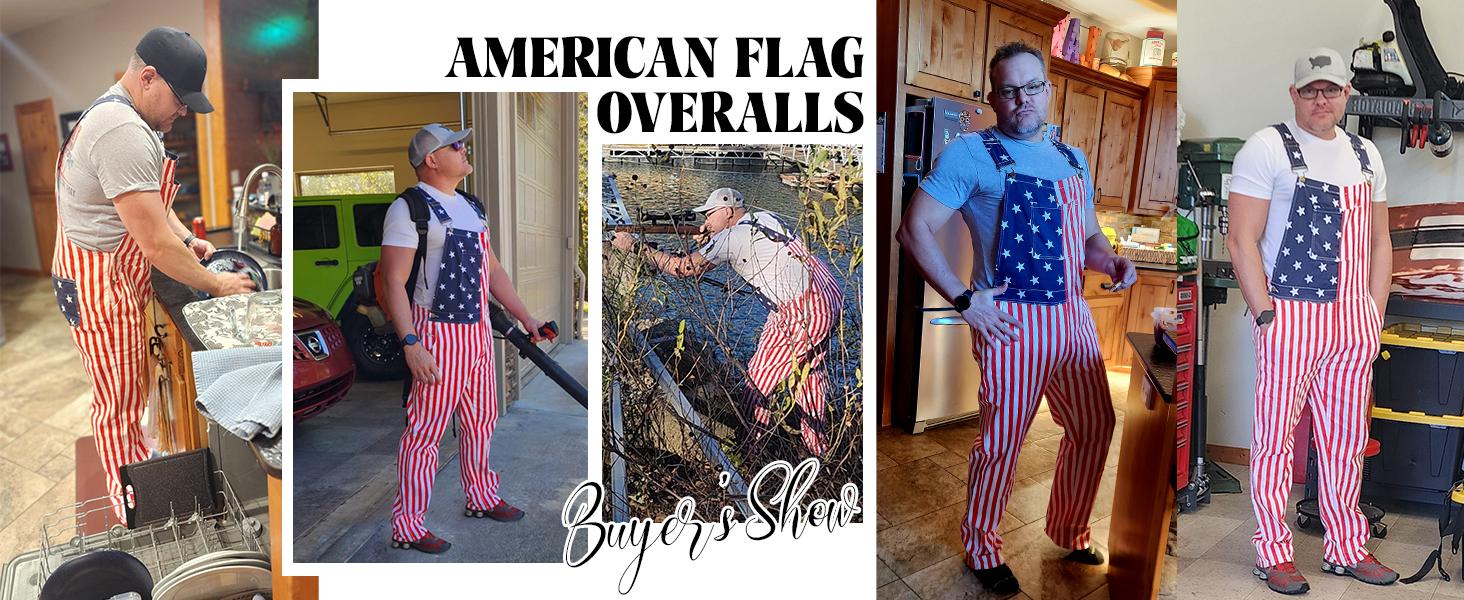 YUANBANG 4th of July American Flag Overalls for Mens Holiday Coveralls USA Romper for Couples Casual Adjustable Straps Fitted Sleeveless Denim Jumpsuit Spring Summer Menswear Fashion Outdoor Pants Patriotic Valentine's Day Gifts SpringStatements
