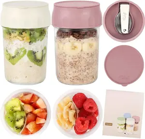 Overnight Oats Containers with Lids, Folding Spoons, and Divided Compartments for Fruit & Nuts, Small Glass 16oz Mason Jars for Oatmeal Yogurt Parfait Kitchen Utensils 2026 Canister Storage Portable Reusable Airtight Waterproof Tin Mothersdaygift tiktoksh