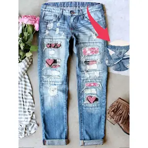 Women's Valentine's Day Heartfelt Middle Waist Boyfriend Slimming Wash Loose Jeans Button Missile Waist Breathable Comfortable Fabric Suitable for All SeasonsRAIMENTRY
