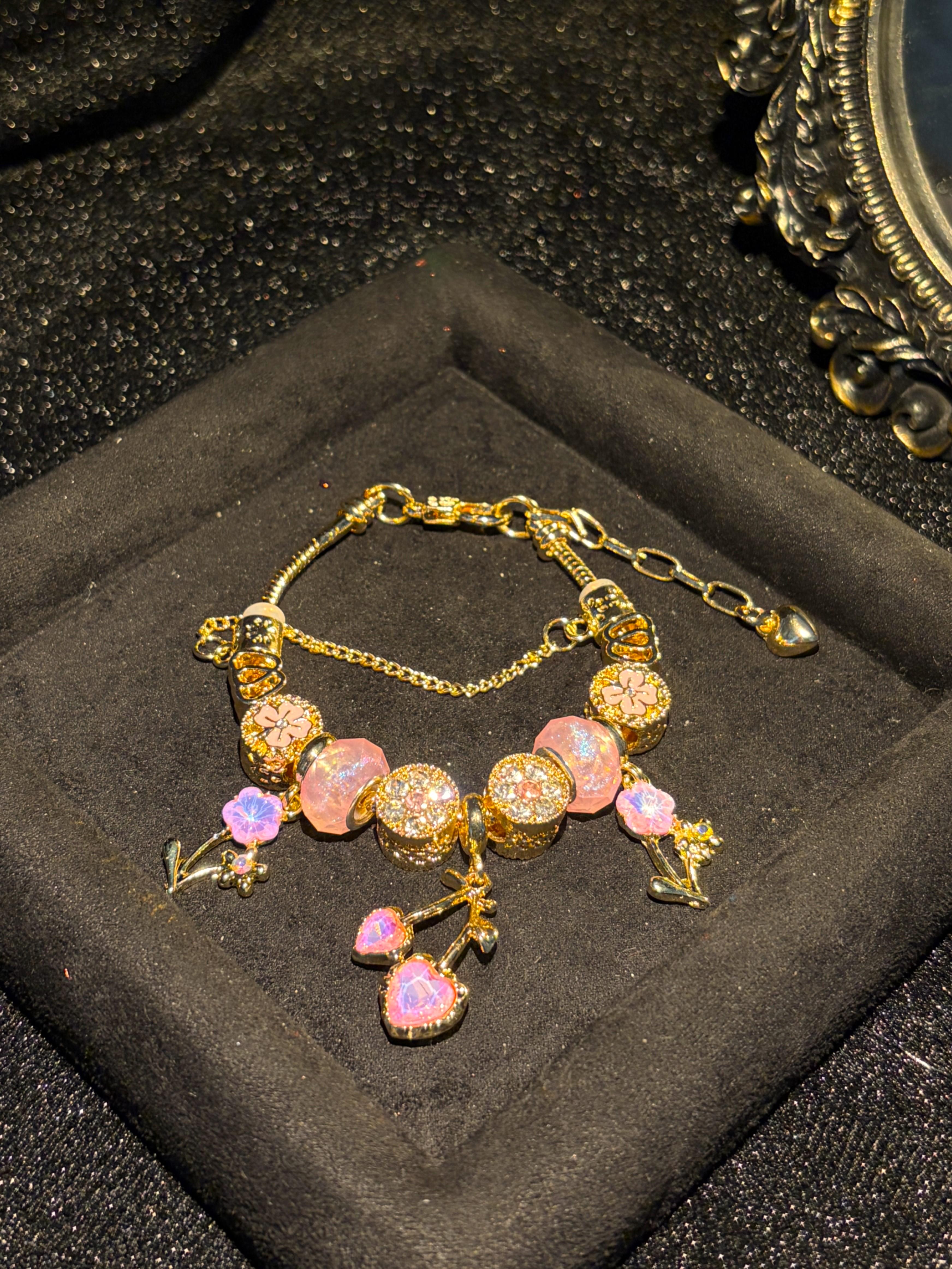Women's Gold-Tone Adjustable Charm Bracelet - Sparkly Pink Heart, Flower Beads, Rhinestone Crystals - Fashion Costume Jewelry Gift Women's Gold-Tone Adjustable Charm Bracelet - Sparkly Pink Heart, Flower Beads, Rhinestone Crystals - Fashion Costume Jewelry Gift