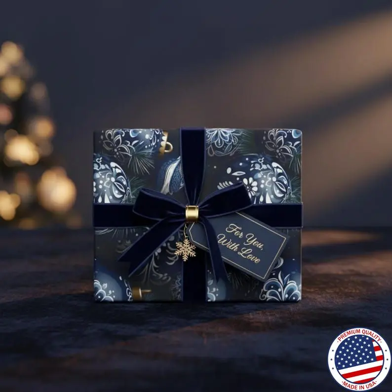 Midnight Blue Christmas Wrapping Paper, Elegant Holiday Ornament Gift Wrap Roll