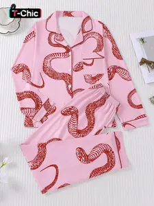 2-piece set of women's full body cobra print long sleeved pants, soft and comfortable, skin friendly and smooth top, small pocket, button closure, elastic waistband, suitable for all seasons home, casual wear, pajamas