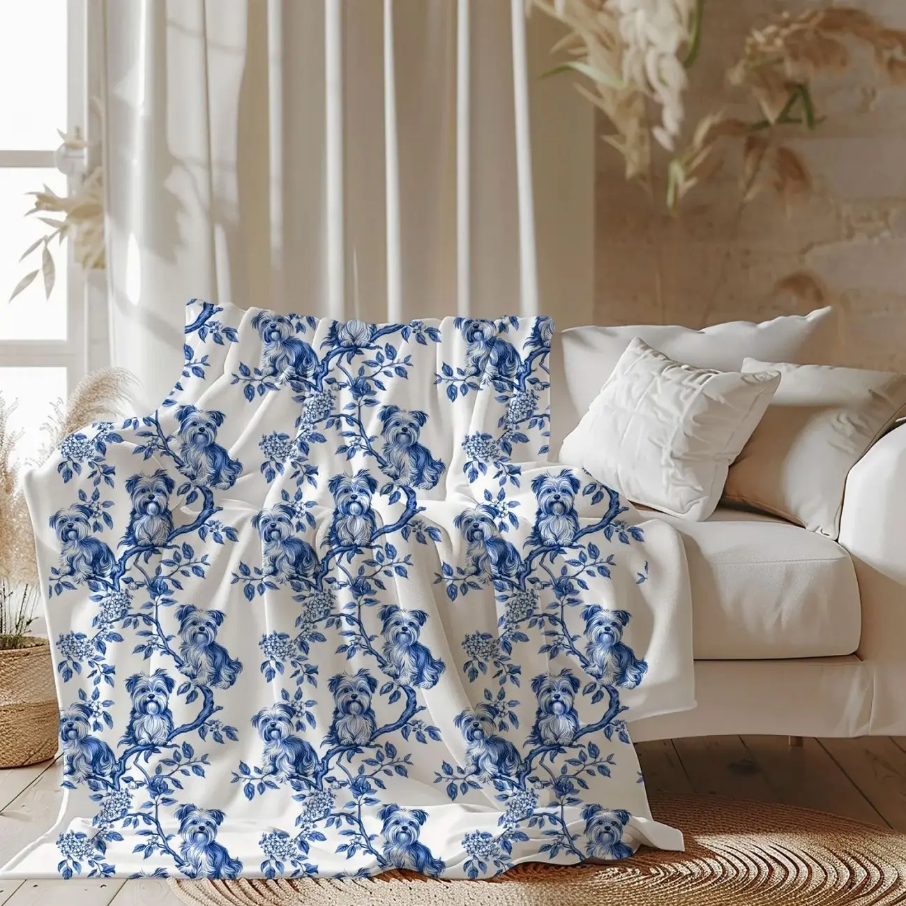 Yorkshire Terrier Blue Chinoiserie Toile De Jouy Fleece Blanket, Custom Blanket For Dog Mom & Dad, Cozy Couch Bed Throw, Christmas Gift